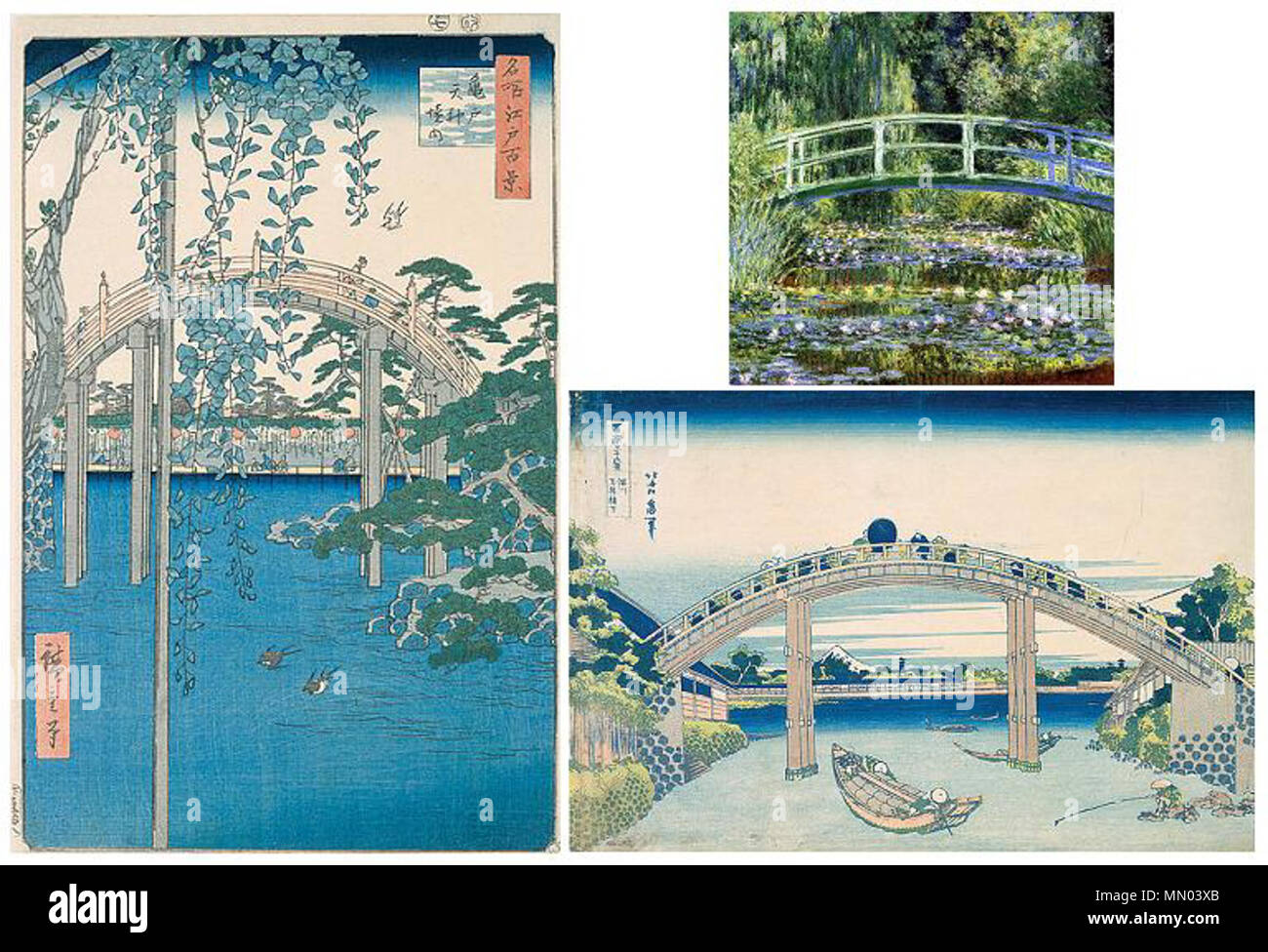 . A sinistra: Hiroshige, interno del Santuario Kameido-Tenjin (Tokyo) Destra, Giù: Hokusai, sotto il ponte Mannen in Fukagawa, Top: Claude Monet, al laghetto delle ninfee, armonia in verde. La descrizione originale pagina stata [//fr.wikipedia.org/w/index.php?title=File:À gauche : Hiroshige, à l'intérieur du sanctuaire Kameido-Tenjin (à Tokyo) ; à droite, en bas : Hokusai, Sous le pont Mannen à Fukagawa ; à droite, en haut : Claude Monet, Le Bassin aux nymphéas, harmonie verte qui]. Tutti i seguenti nomi utente fare riferimento a fr.wikipedia. Hiroshige Hokusai Monet Foto Stock