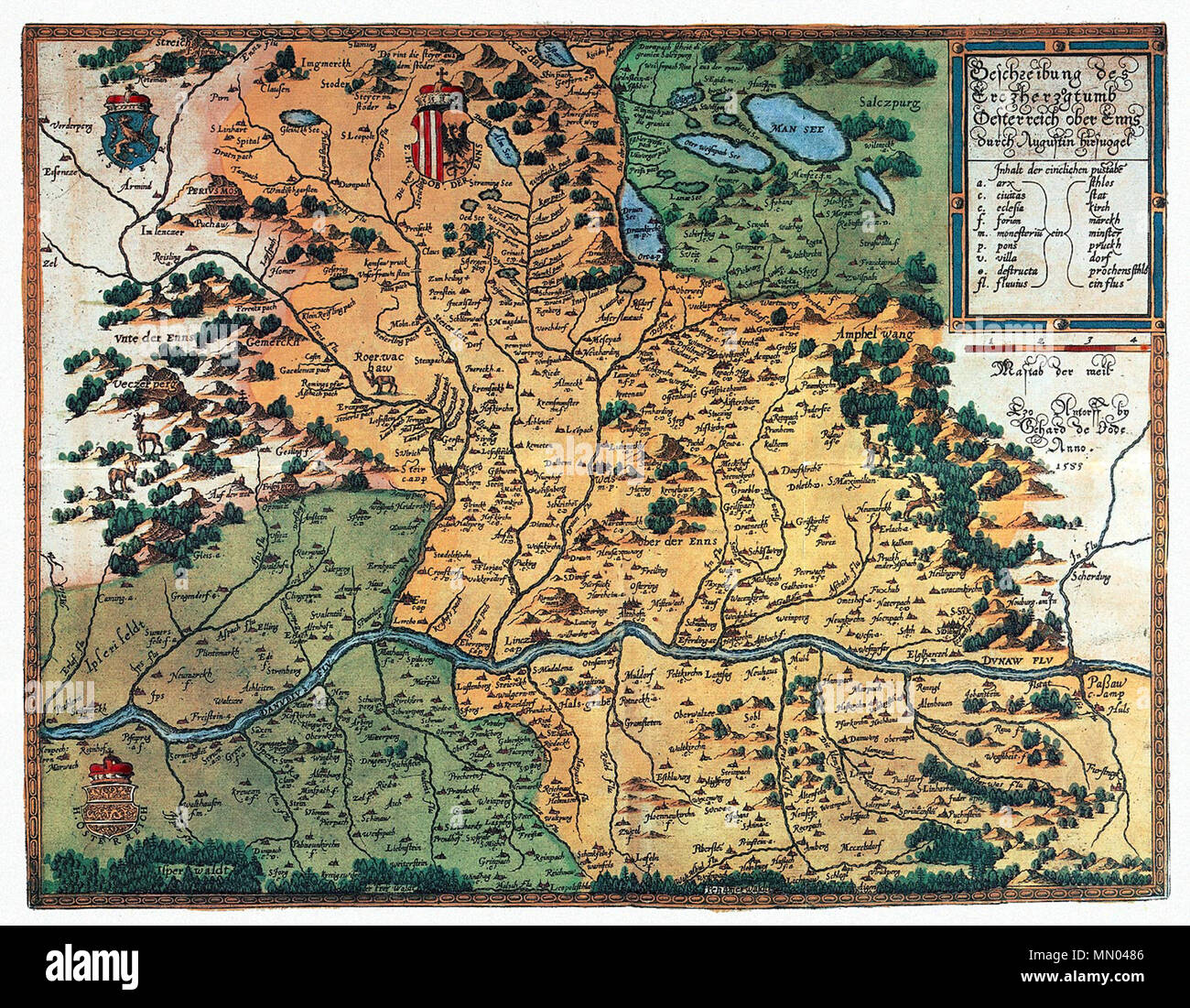 . Deutsch: Älteste Regionalkarte Oberösterreichs (1542) Titel: Beschreibung des Erczherzogtumb Oesterreich ober Enns durch Augustin Hirschvogel. Die Karte ist nach damaligen Brauch nach Süden orientiert (gesüdet) und steht deshalb scheinbar auf dem Kopf inglese: mappa d'Austria (Erczherzogtumb Oesterreich ober Enns) . Deutsch: Mit 1583 datierter Kupferstich nach dem originale verlorenen von 1542[1] . Augustin Hirschvogel (1503-1553) nomi alternativi Hirsvogel, Augustin Descrizione incisore tedesco, incisore e printmaker Data di nascita e morte 1503 5 marzo 1553 Luogo di nascita e morte Nu Foto Stock
