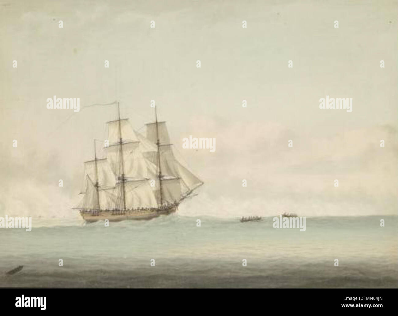 . "L'inglese: pittura da Samuel Atkins (1787-1808) di adoperarsi al largo delle coste del New Holland durante la cottura il viaggio di scoperta di 1768-1771. Iscrizione sul retro della pittura indica che essa si riferisce alla messa a terra di sforzo sulla Grande Barriera Corallina in giugno 1770. Inglese: HMS Endeavour al largo delle coste del New Holland . 1794. HMS Endeavour al largo della costa di New Holland, da Samuel Atkins c.1794 Foto Stock