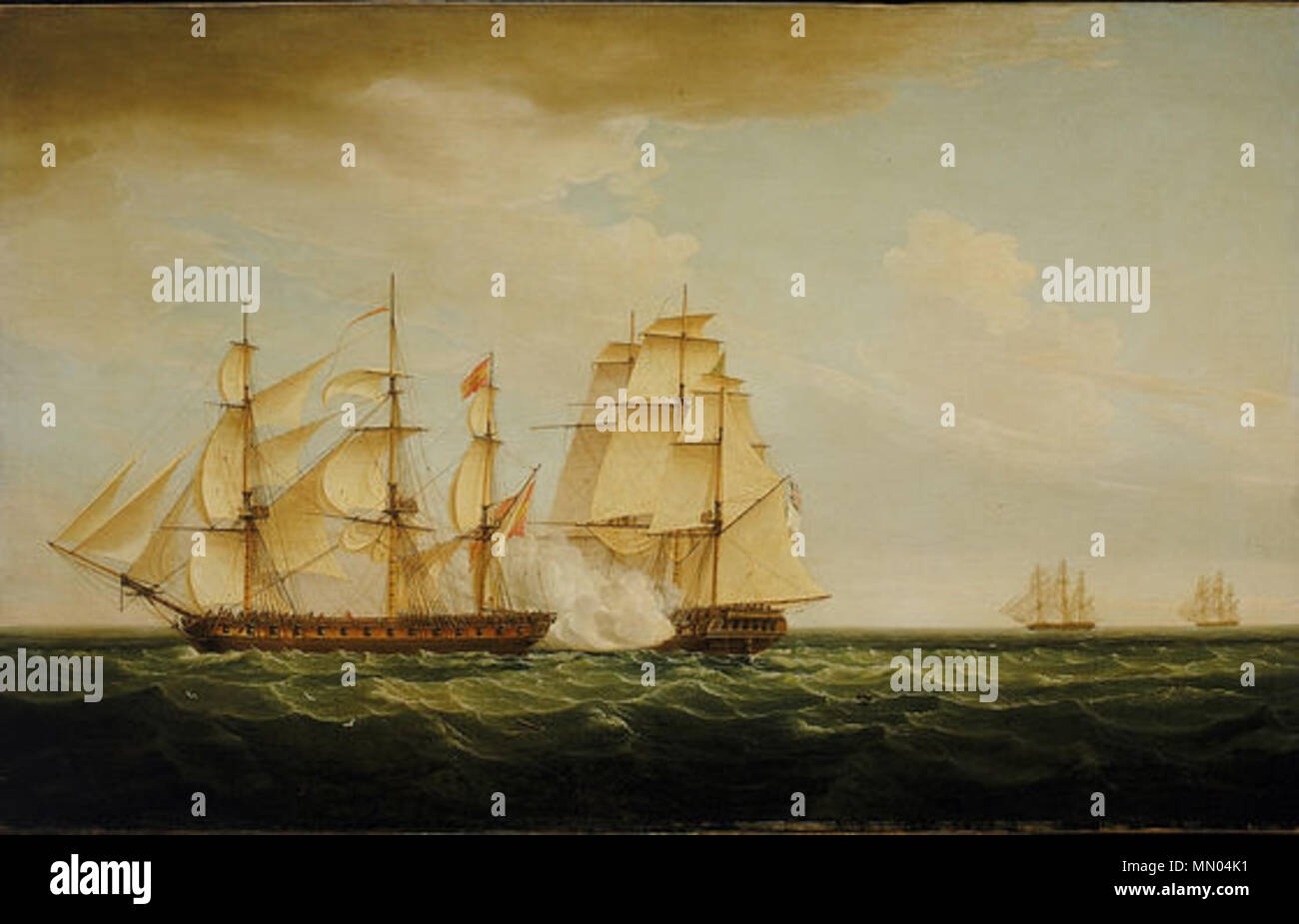 . HMS Pearl e Santa Monica, Azzorre, settembre 1779. La Santa Monica era stata costruita a Cartagena durante il 1777. . 1805. Thomas Whitcombe (nato circa 1760 - morì circa 1824) perla HMS e Santa Monica Azzorre, 1779 Foto Stock