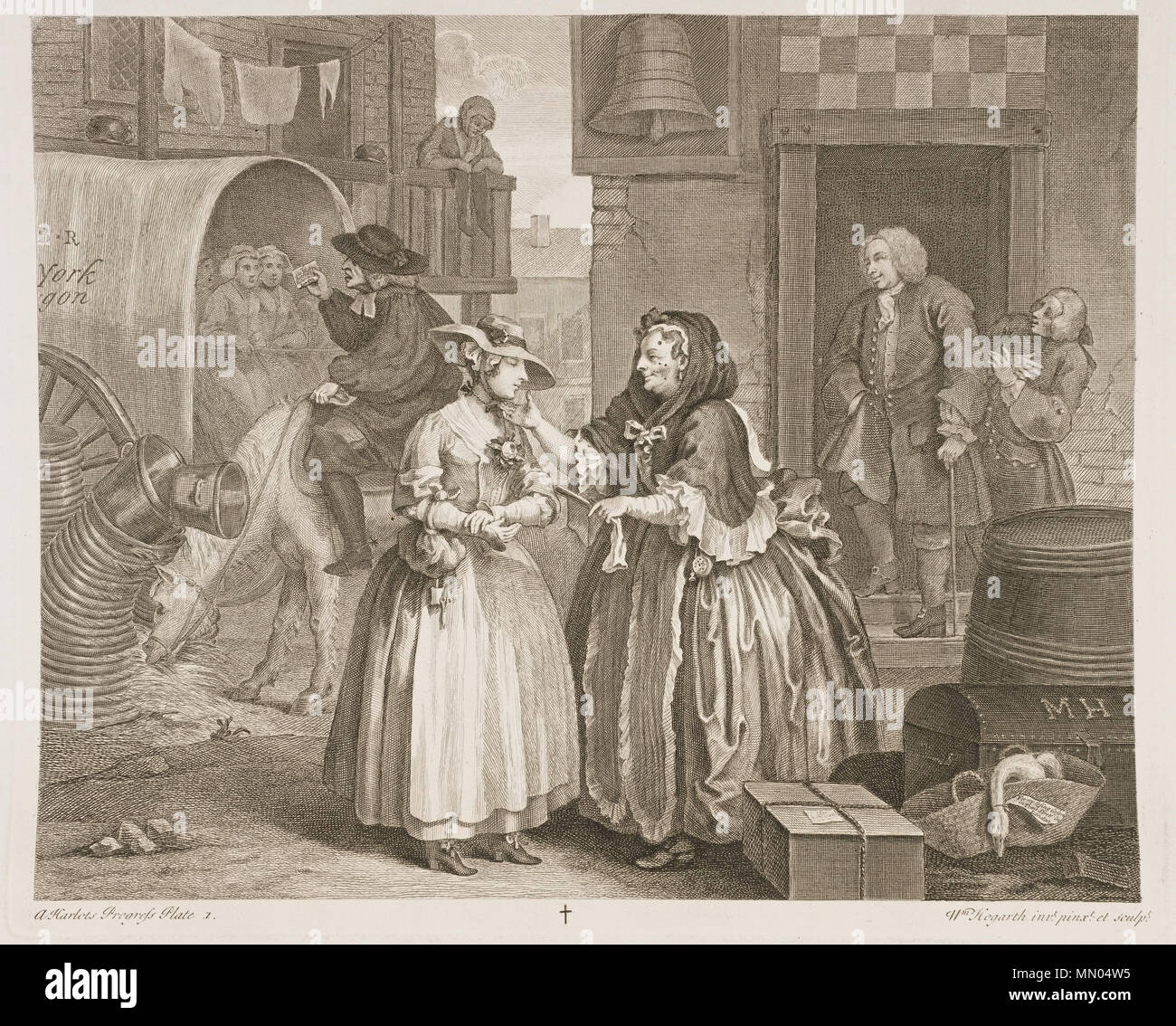 . William Hogarth è una prostituta di progresso, piastra 1, mostrando Molly dell'arrivo a Londra con il Colonnello Francesco Charteris e "Handy Jack' leering in background, mentre un syphilitic madame in primo piano si procura il suo primo. Secondo una prostituta progressi: bordello keeper Elizabeth Needham sulla destra Hogarth-Harlot-1 Foto Stock