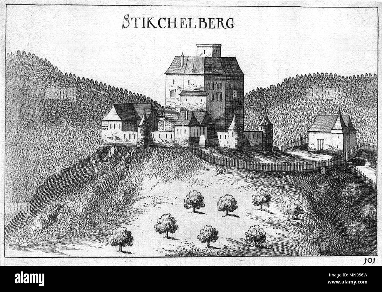 . Deutsch: topographia" Austriae superioris modernae - Tafel 101: Burg Stickelberg questo supporto mostra il monumento protetto con il numero 26899 in Austria. (Commons, de) posizione della videocamera 47° 36' 45.12" N, 16° 14' 25.05" e visualizzare questa e altre immagini nelle vicinanze su: OpenStreetMap - Google Earth; 47.612533 16.240291 Hollenthon - Burg Stickelberg, Vischer (01) Foto Stock