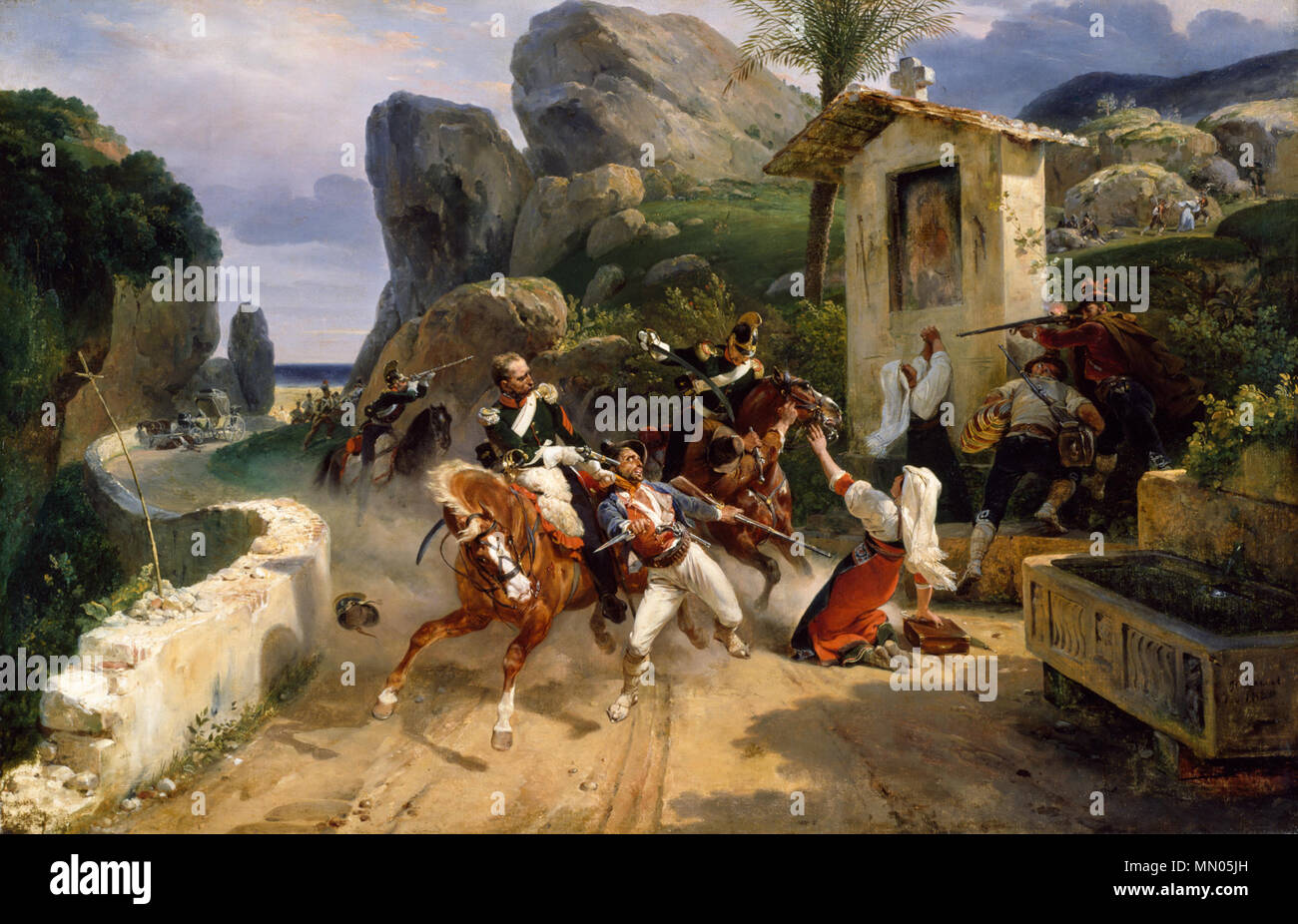 37.54 Horace Vernet (Francese, 1789-1863). 'Italiano briganti sorpresi dalle truppe papali,' 1831 olio su tela. Walters Art Museum (37.54): acquisita da William T. Walters, 1876. Horace Vernet - Italiano di briganti sorpresi dalle truppe papali - Walters 3754 Foto Stock