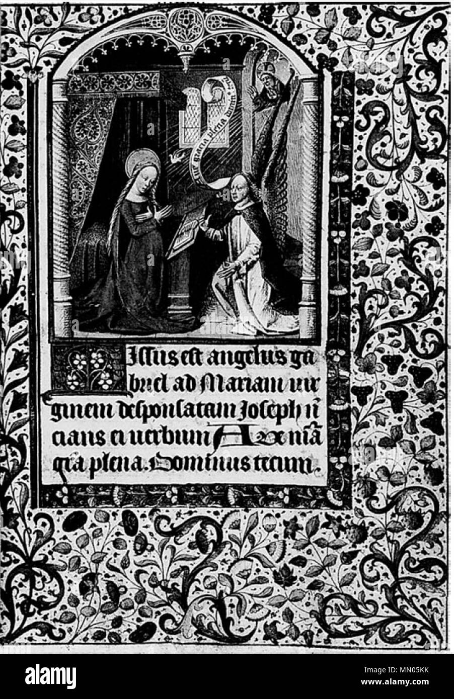 Inglese: Horae Beatae Virginis Mariae: Annunciazione, l. 39. Polski: Horae Beatae Virginis Mariae: Zwiastowanie, k. 39. circa 1460. Horae Beatae Virginis Mariae Foto Stock