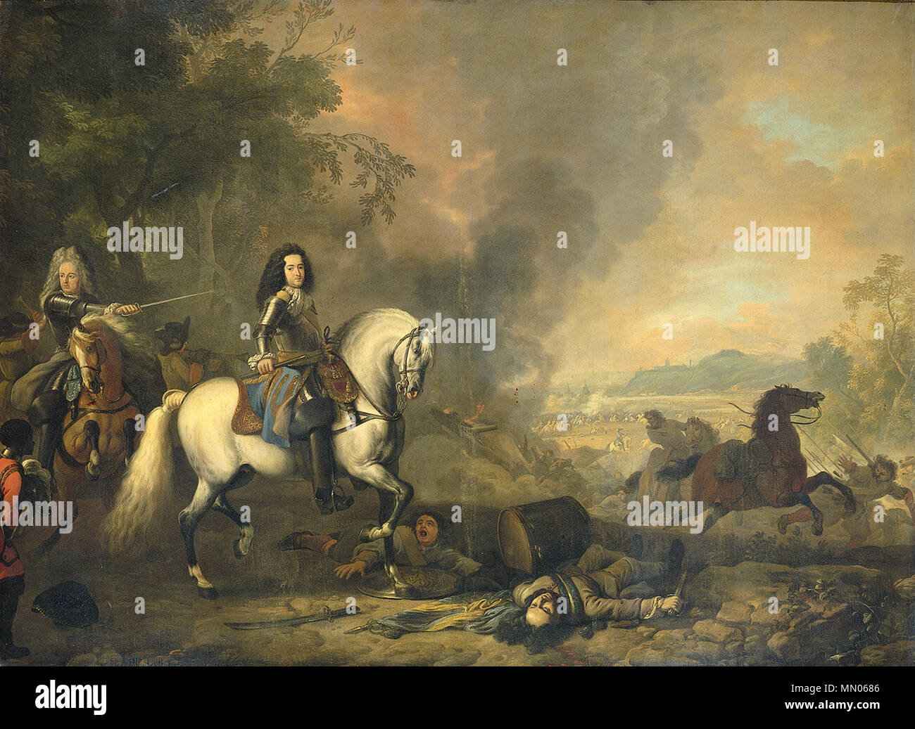. Ritratto equestre di Enrico Casimiro II, principe di Nassau-Dietz, come comandante in una battaglia. Dietro di lui un funzionario è cavalcare con la sua spada sollevata. In primo piano un ragazzo nero con il principe del casco. Sul terreno di morti e feriti sono soldati che stabilisce come pure un tamburo e un banner. A destra la battaglia stessa può essere visto attraverso le nuvole di fumo. Enrico Casimiro II, principe di Nassau-Dietz, in una battaglia. 1692. J. van Huchtenburg Enrico Casimiro II principe di Nassau-Dietz 1692 Foto Stock