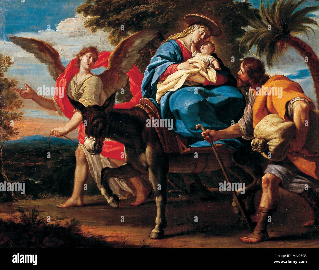 . Español: La obra rappresentanouna el momento en que San José, la Virgen María y el Niño Jesús huyeron un Egipto para salvar a este último de ser asesinado por el Rey Herodes el Grande. Una Huida Egipto. tra circa 1712 e circa 1714. Una Huida Egipto - Antonio Palomino Foto Stock