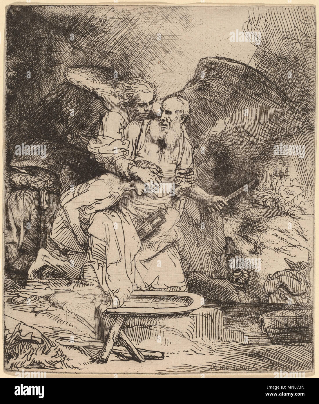 Stampa; attacco e puntasecca; foglio (rifilato alla piastra mark): 15,7 x 13,4 cm (6 3/16 x 5 1/4 in.); sacrificio di Abramo Foto Stock