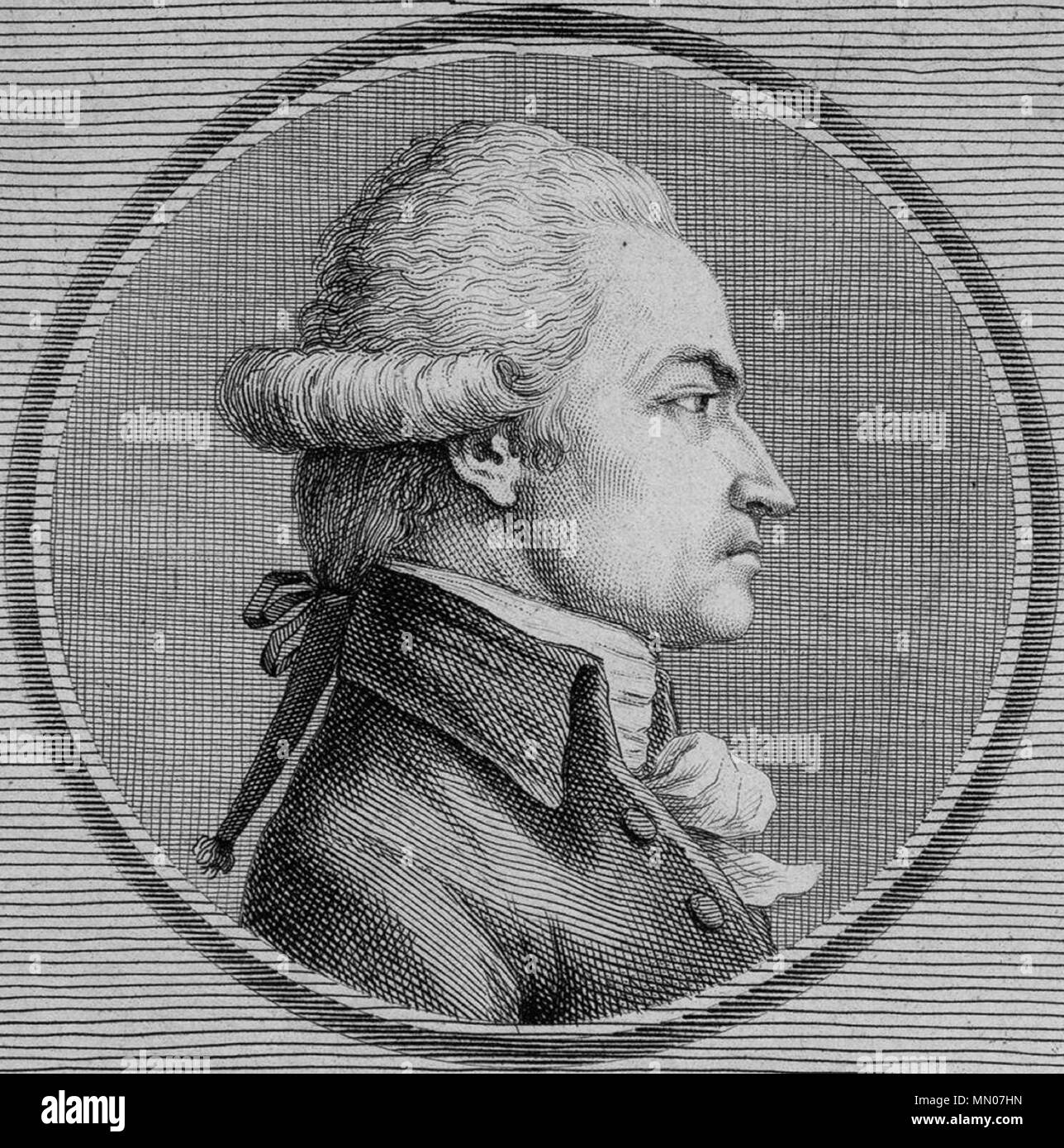 . Inglese: Estratto di 'Collection complète des ritratti de MM. les deputati à l'Assemblée nationale de 1789', Dejabin, Parigi, 1790. Ildut Moyot (data di nascita agosto, decimo 1749 Lanildut - morto aprile, xvii 1813 Lanildut), merchand e vice della Bretagna in Etats généraux nel 1789. Français : extrait de la collection complète des ritratti de MM. les deputati à l'Assemblée nationale de 1789 par Dejabin, Parigi, 1790. Ildut Moyot (10 août 1749 - 17 avril 1813), négociant et armateur, député de Bretagne aux États généraux et à l'Assemblée nationale de 1789 Ildut Moyot (1749-1813), capitaine marchand et arma Foto Stock
