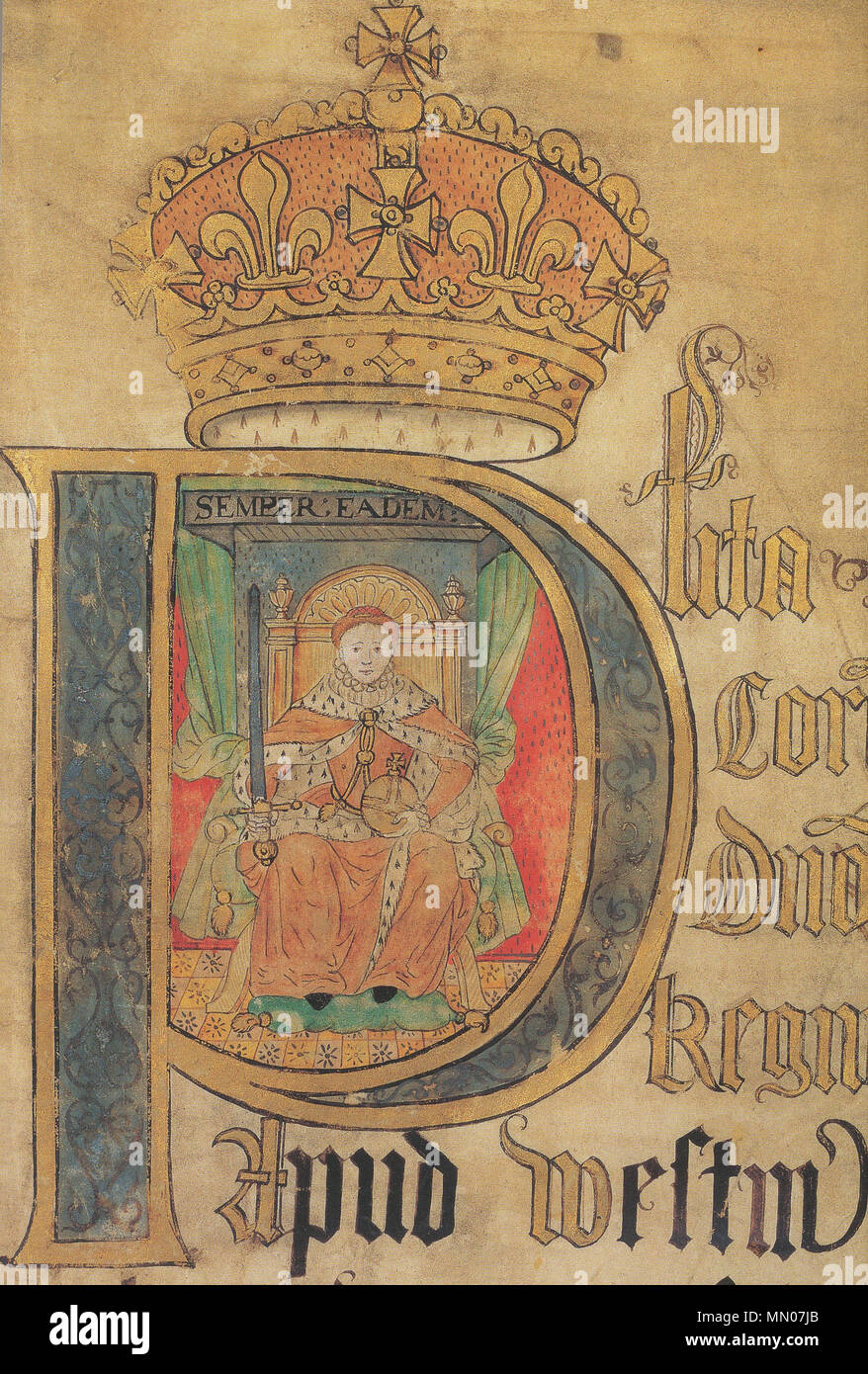 . Inglese: illuminato membrana iniziale, con il ritratto di Elisabetta I, corte di re della panchina: Coram Rege Roll (termine di Pasqua, 1572). Il Re della panca è stato il senior di diritto comune corte fino al 1875, che si occupano di reati crimninal. Il decorativo P iniziale era la "placita" (motivo) mettere prima della regina. I RITRATTI sono state commissionate dal personale della Corte da artisti e sono unici, anche se sono venuti a seguire un disegno standard dopo il 1584. In questo esempio, in cui la regina indossa un cappuccio rosso, è stato eseguito dallo stesso artista che per Michaelmas 1571. Storico dell arte Erna Auerbach speculato che 'l'unusua Foto Stock