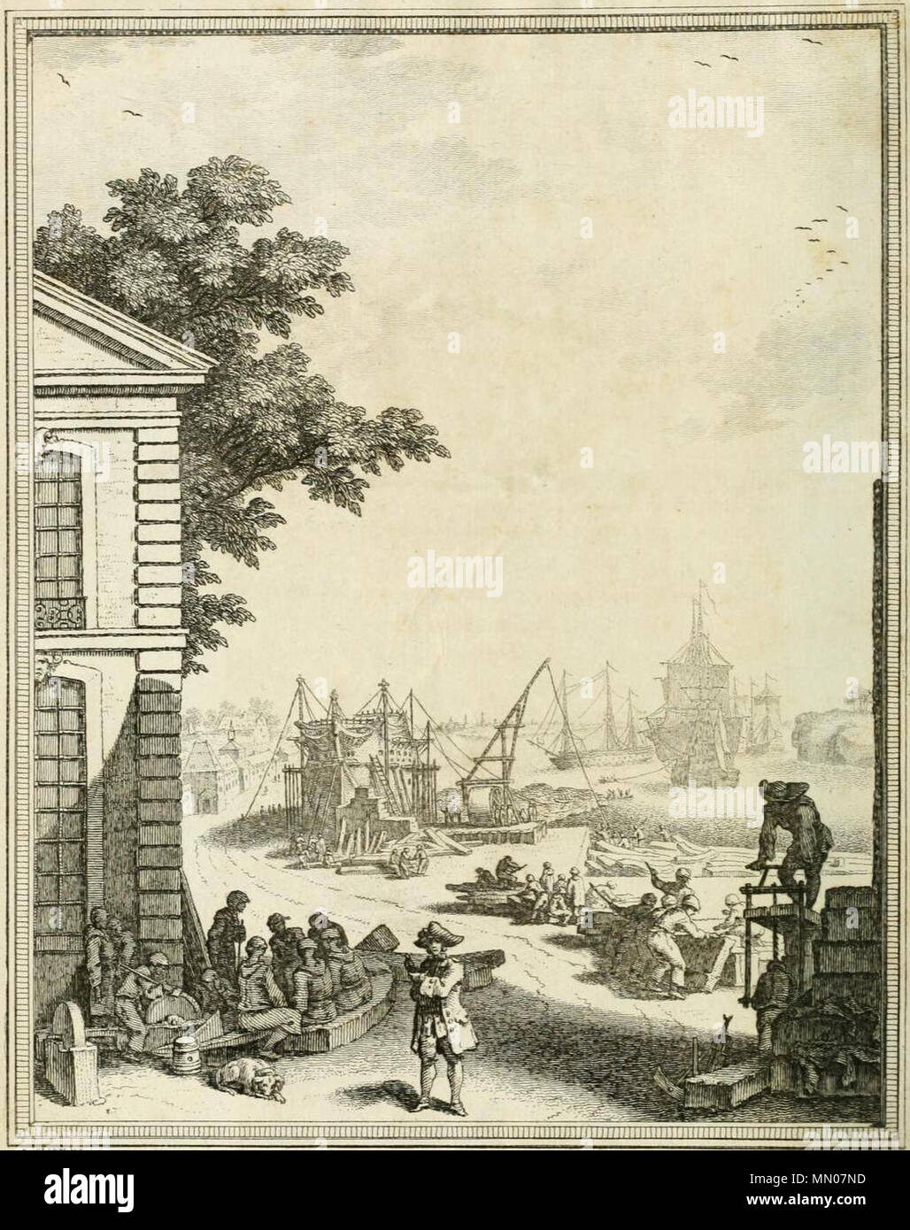 . Français : Dessin réalisé en 1752 pour la première édition de Éléments de l'architettura navale ou Traité pratique de la construction des vaisseaux. Ouvrage de Duhamel du Monceau. . 1752. Nicolas Ozanne (1728-1811) Illustrazione pour Traite de Construction des vaisseaux Image de chantier naval Foto Stock