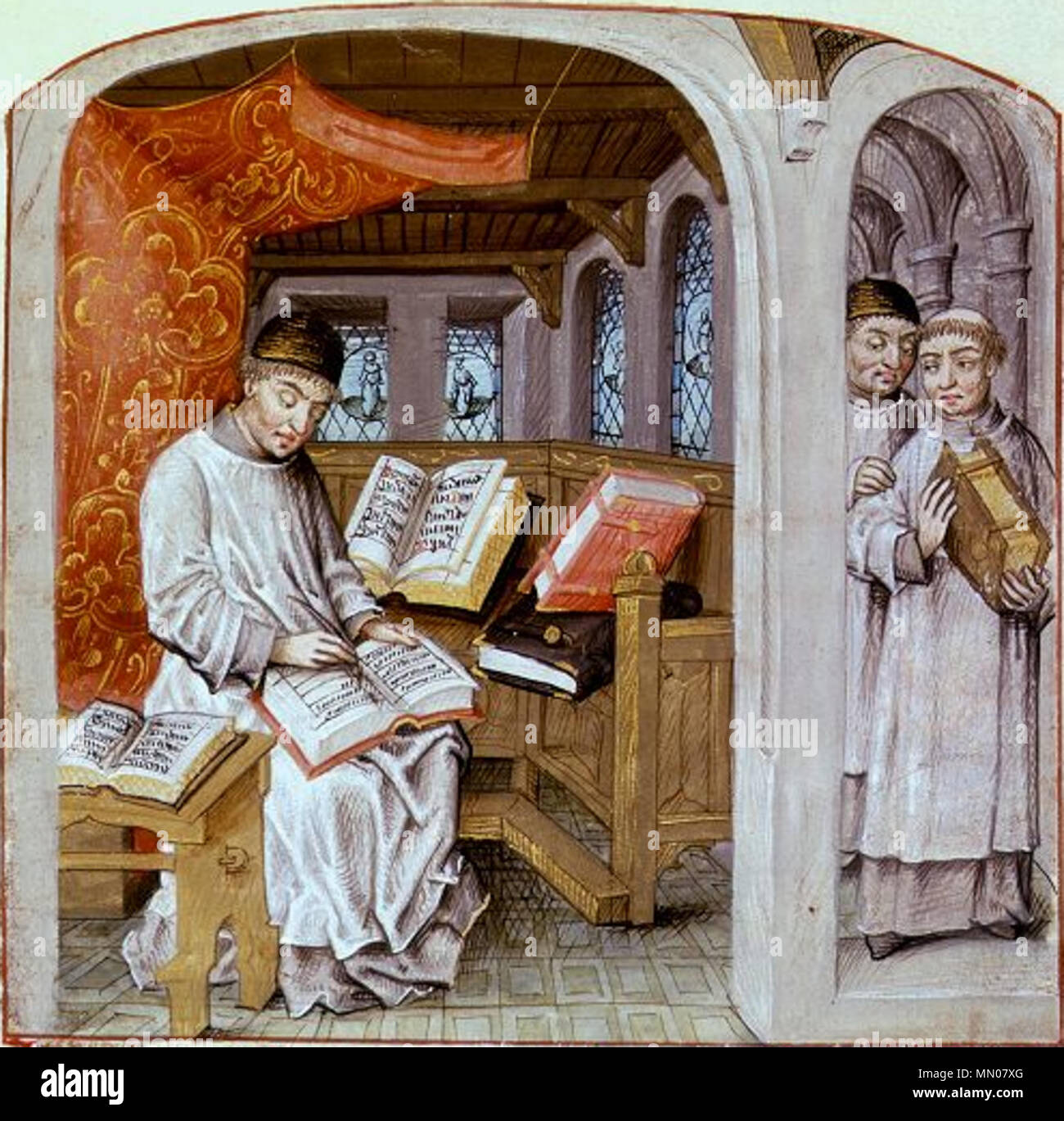 . Inglese: miniatura da un manoscritto del De imitatione Christi, mostra Thomas a Kempis iscritto (sinistra) e con un fratello (a destra). Hs. Vienna Österreichische Nationalbibliothek, Cod. 1576, f. 9r. Imitatione Christi 1576 Foto Stock