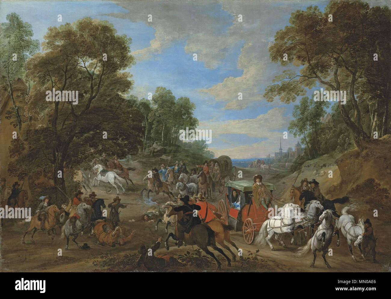 Un paesaggio boscoso con un pullman essendo attaccato in una radura. Tra il 1667 e il 1690. Adam Frans van der Meulen - un paesaggio boscoso con un pullman essendo attaccato in una radura Foto Stock