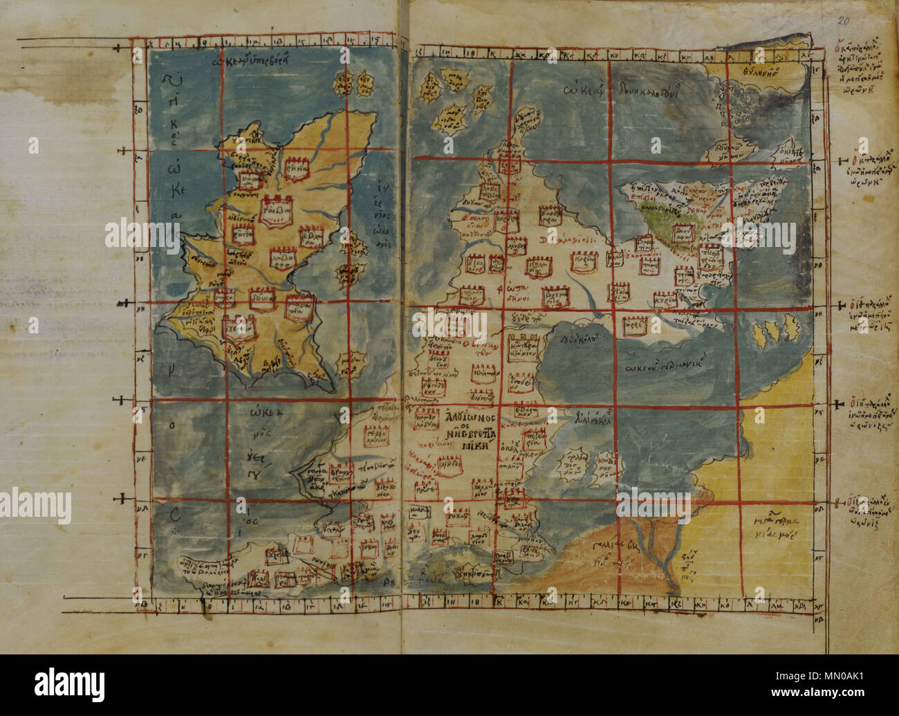 . Inglese: un greco-lingua mappa di Hibernia (Irlanda) e Albion (Gran Bretagna) derivata da Tolomeo la geografia, probabilmente agli inizi del XIV secolo a Costantinopoli (Istanbul), detenute dal monastero di Vatopedi sul Monte Athos prima del suo furto e acquisto da parte della British Museum. Mappa riflette quella di Tolomeo collocamento sbagliato della Scozia ad angolo retto rispetto al resto della Gran Bretagna, apparentemente derivato dalla sua dipendenza da gente di mare registri del. Aggiungere 19391 19-20 Foto Stock