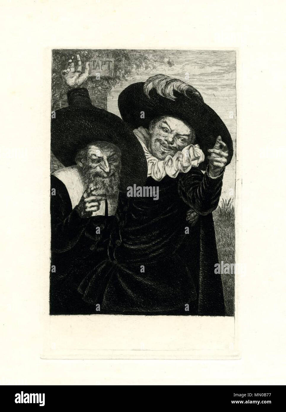 Due uomini con cappelli in olandese del XVII secolo il costume, un albero dietro a. 1875. Adolphe Pierre Sunaert - Due uomini con cappelli in olandese del XVII secolo costume Foto Stock