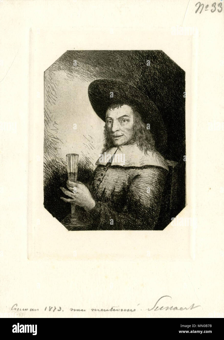 Ritratto di un uomo seduto nel XVII secolo costume olandese tenendo un vetro. 1873. Adolphe Pierre Sunaert - Ritratto di un uomo seduto nel XVII secolo costume olandese con in mano un bicchiere Foto Stock