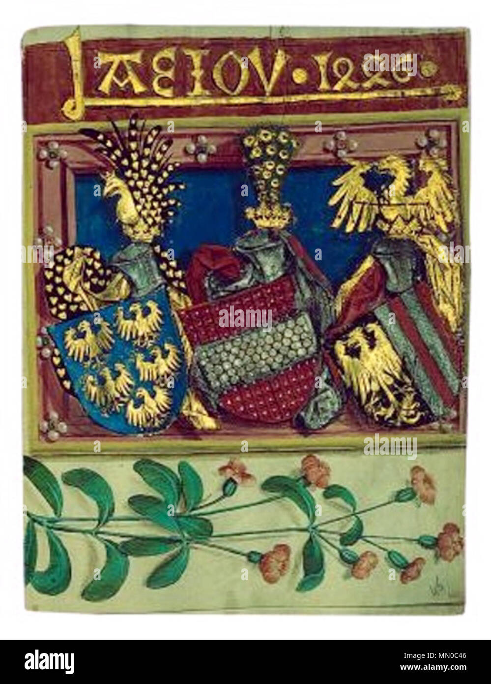 AEIOU Buchmalerei in der Handregistratur König Friedrichs IV 1446 Foto Stock