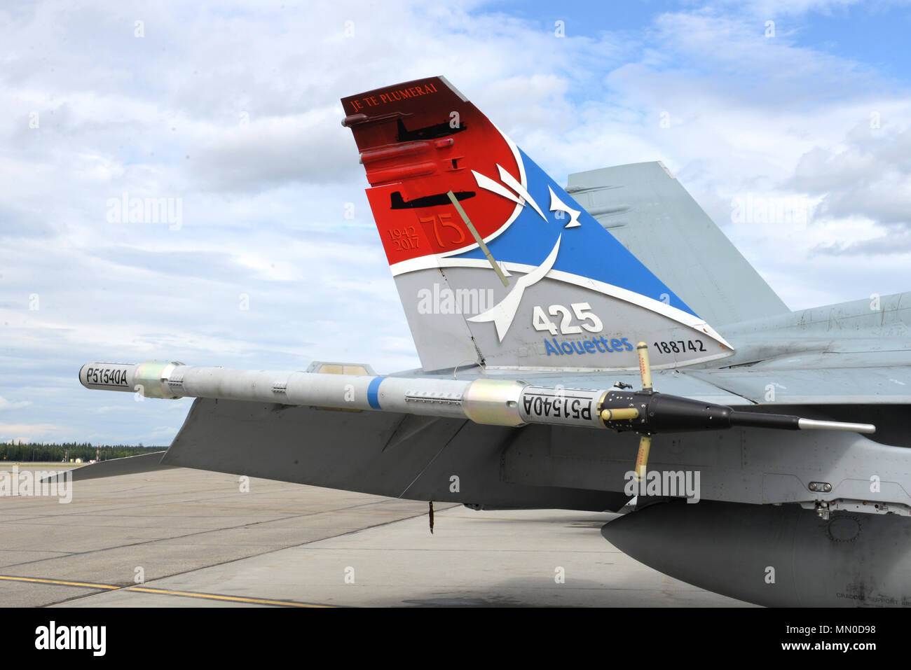 Il dipinto di coda di un Royal Canadian Air Force CF-18 Hornet fighter aircraft assegnato alla 425th Tactical Fighter Squadron (SQN), Canadian Forces Base, Bagotville, Canada, siede sul Eielson Air Force Base in Alaska, il volo di linea e rende omaggio al settantacinquesimo anniversario della formazione della 425th SQN, 1 Agosto, 2017, durante la bandiera rossa-Alaska 17-3. Il loro motto è "Je te plumerai," ("Io ti strappi") dopo un astenersi da un Francese canadese folk song e sono soprannominato "Les Alouettes." (U.S. Air Force foto di Senior Airman Cassie Whitman) Foto Stock