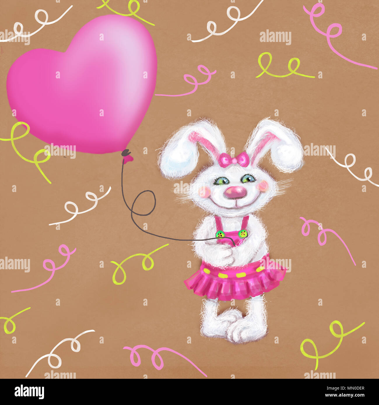 Carta vacanze con graziosi bianco soffice e bunny palloncino rosa isolato su un sfondo di festa. Si può usare come un felice compleanno, party, biglietto di auguri Foto Stock