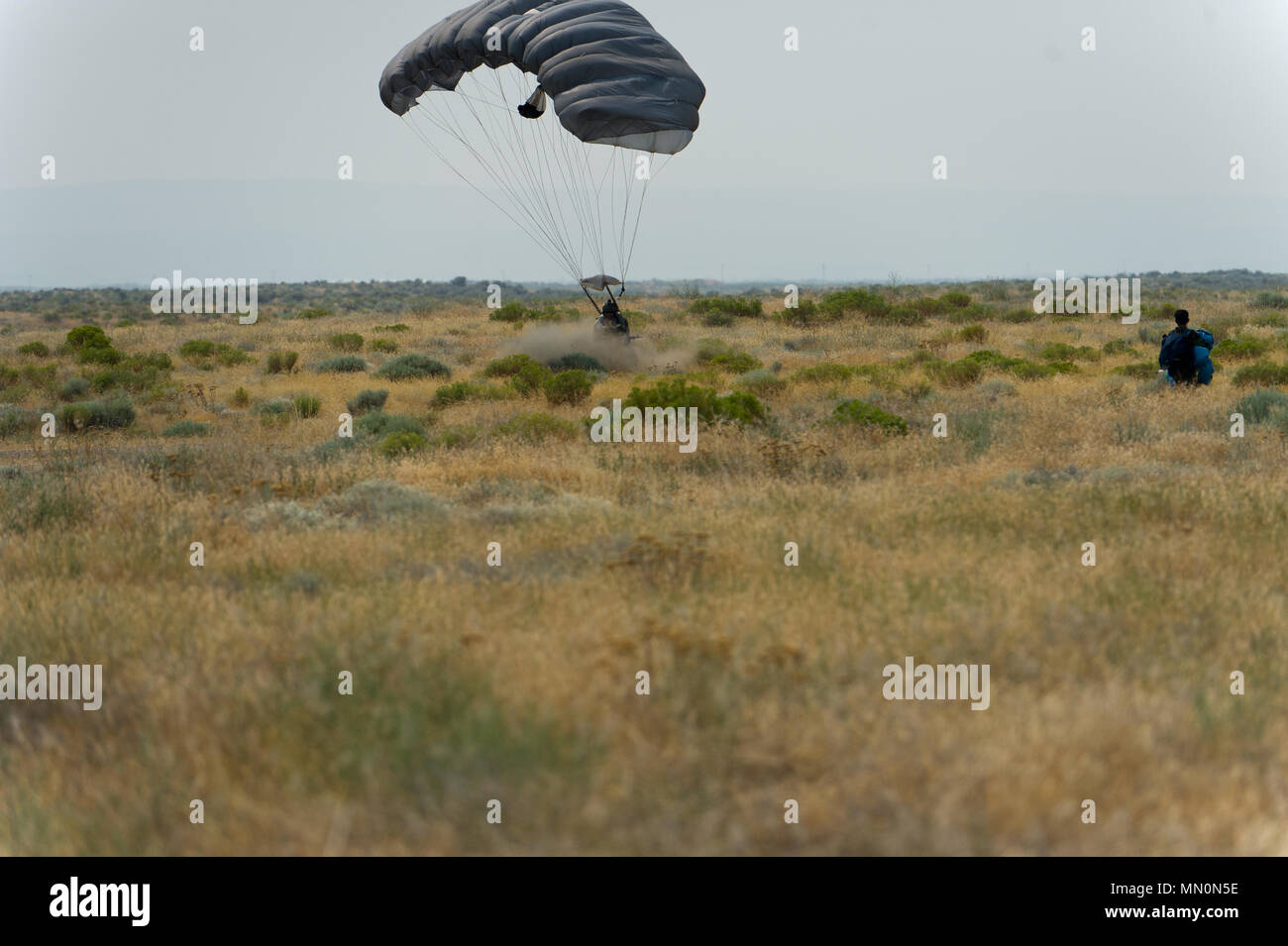 Un colombiano air force Commando sbarca al Larson Drop Zone, nello Stato di Washington, dopo il salto da un colombiano Air Force CASA C-295 per una multi-nazionale salto a Larson Drop Zone, nello Stato di Washington, a sostegno della mobilità di esercizio del tutore il 6 agosto 2017. Più di 3.000 aviatori, soldati, marinai, Marines e i partner internazionali fatta convergere su lo stato di Washington a sostegno della mobilità di un tutore. L'esercizio è destinato a testare le capacità di mobilità Forze Aeree per eseguire una rapida mobilità globale missioni in dinamica, ambienti impugnata. La mobilità è custode di mobilità in aria di comando esercizio premier, fornendo Foto Stock