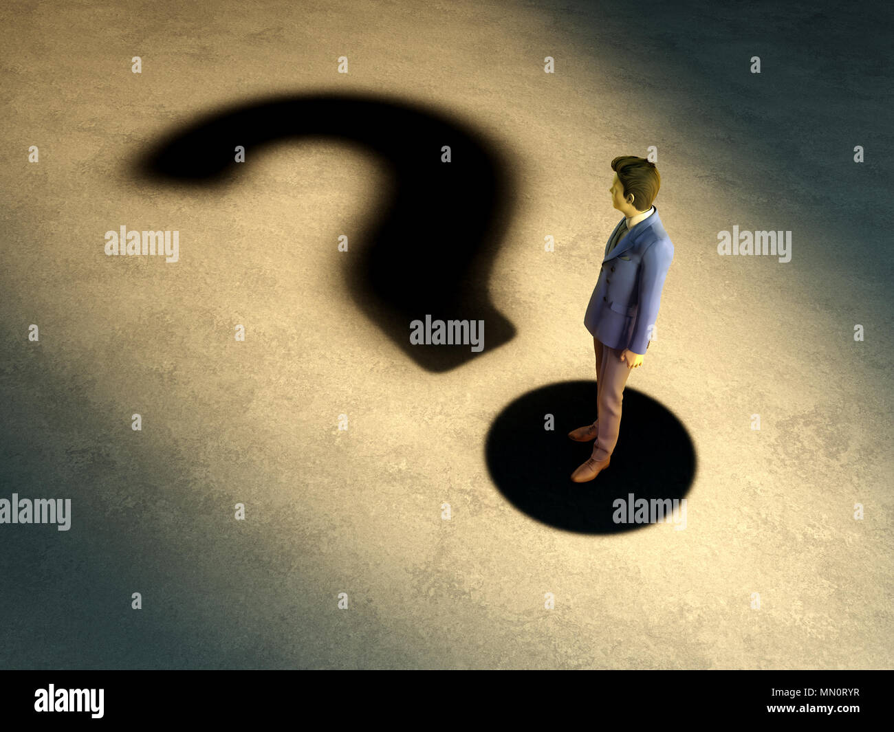 Giovane imprenditore la cui ombra crea un punto interrogativo. 3D'illustrazione. Foto Stock