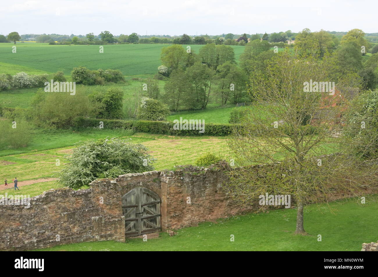 Una vista sulla campagna di Warwickshire, con il vecchio muro di pietra e la porta del Castello di Kenilworth, English Heritage. Foto Stock