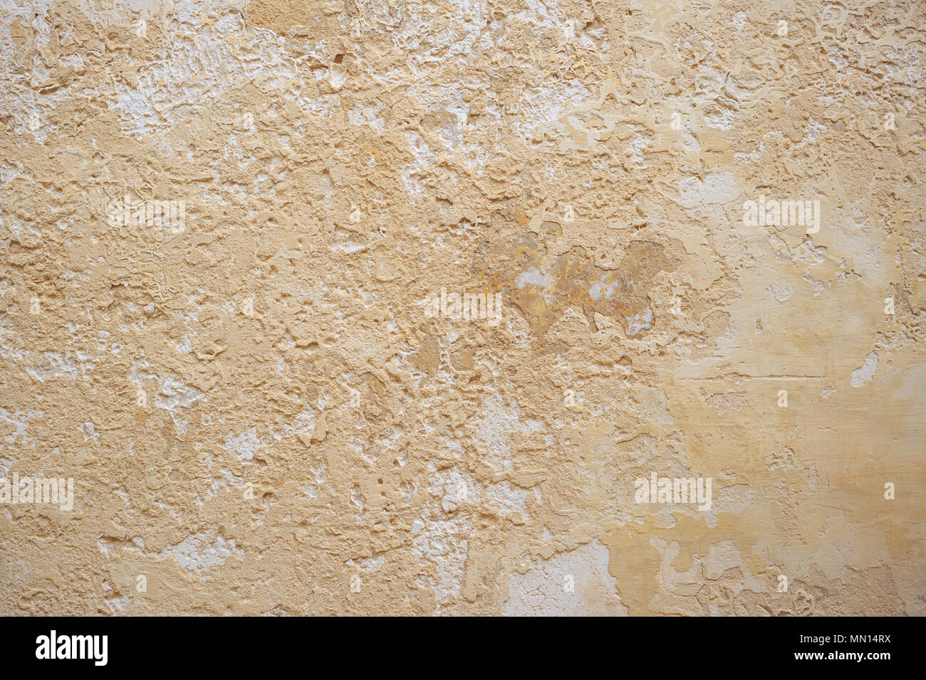 Weathered dipinte di un giallo sullo sfondo della parete, parzialmente sbiadito. Corroso, sbucciate, vintage, muro grezzo per sfondo. Vista ravvicinata con i dettagli. Foto Stock