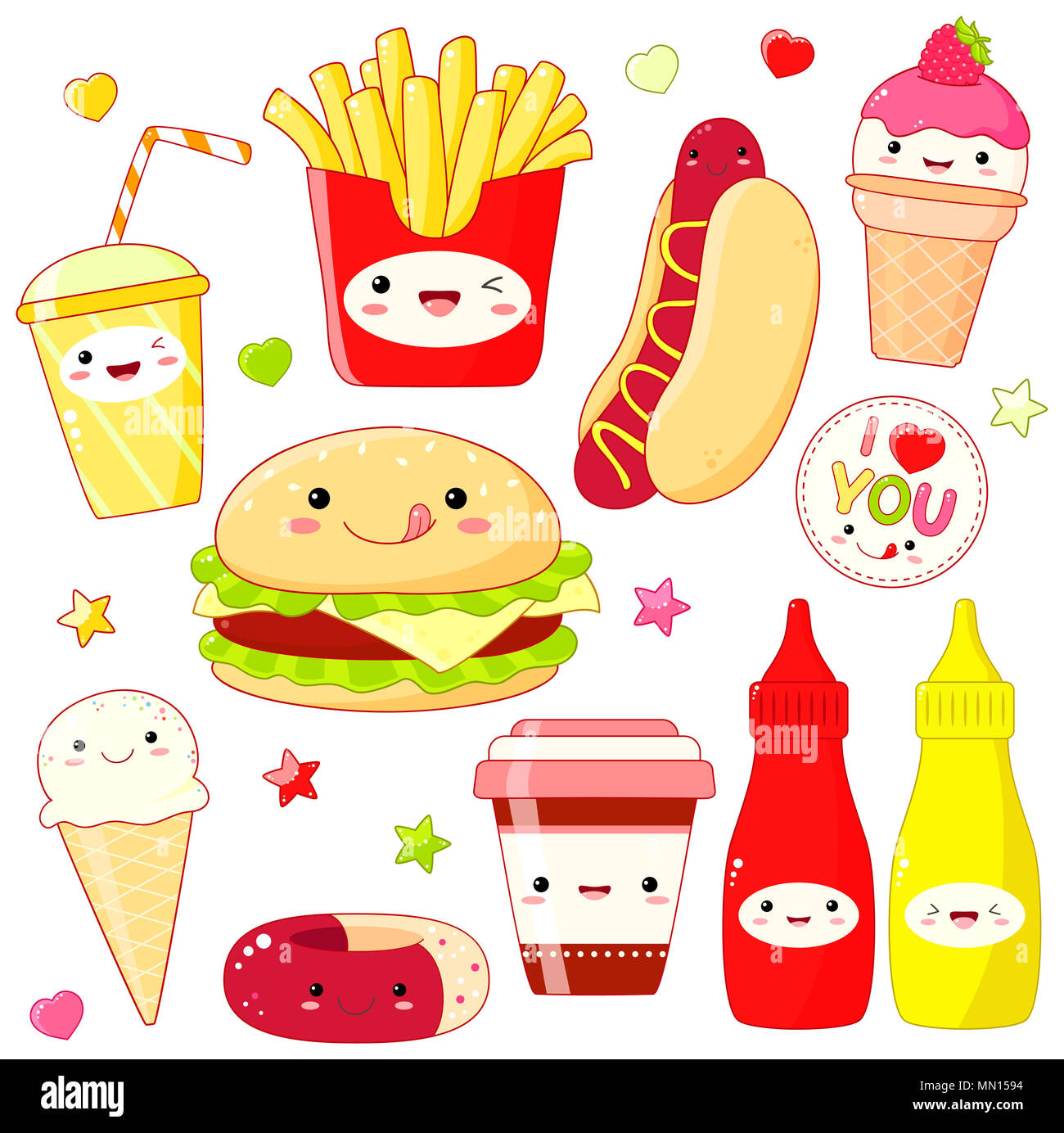 Set di carino il fast food icona in stile kawaii con volto sorridente e guance di rosa. Adesivo con iscrizione ti amo. Hamburger, ciambella, tazze di soda e COF Foto Stock