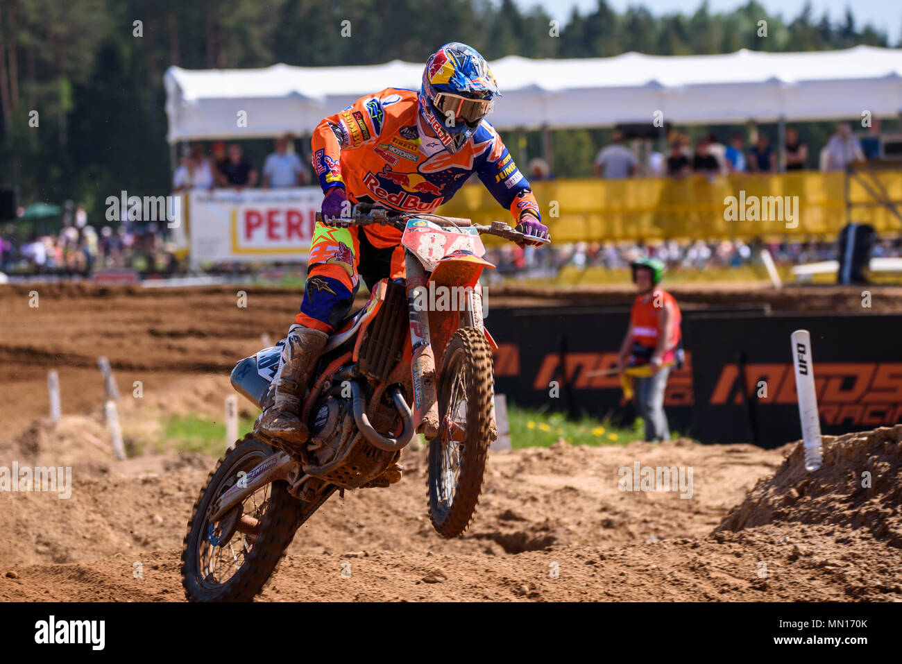 Kegums, Lettonia. 13.05.2018. KEGUMS, Lettonia. Jeffrey Harlings , durante la MXGP FIM Motocross World Championship Grand Prix della Lettonia. Credito: Gints Ivuskans/Alamy Live News Foto Stock