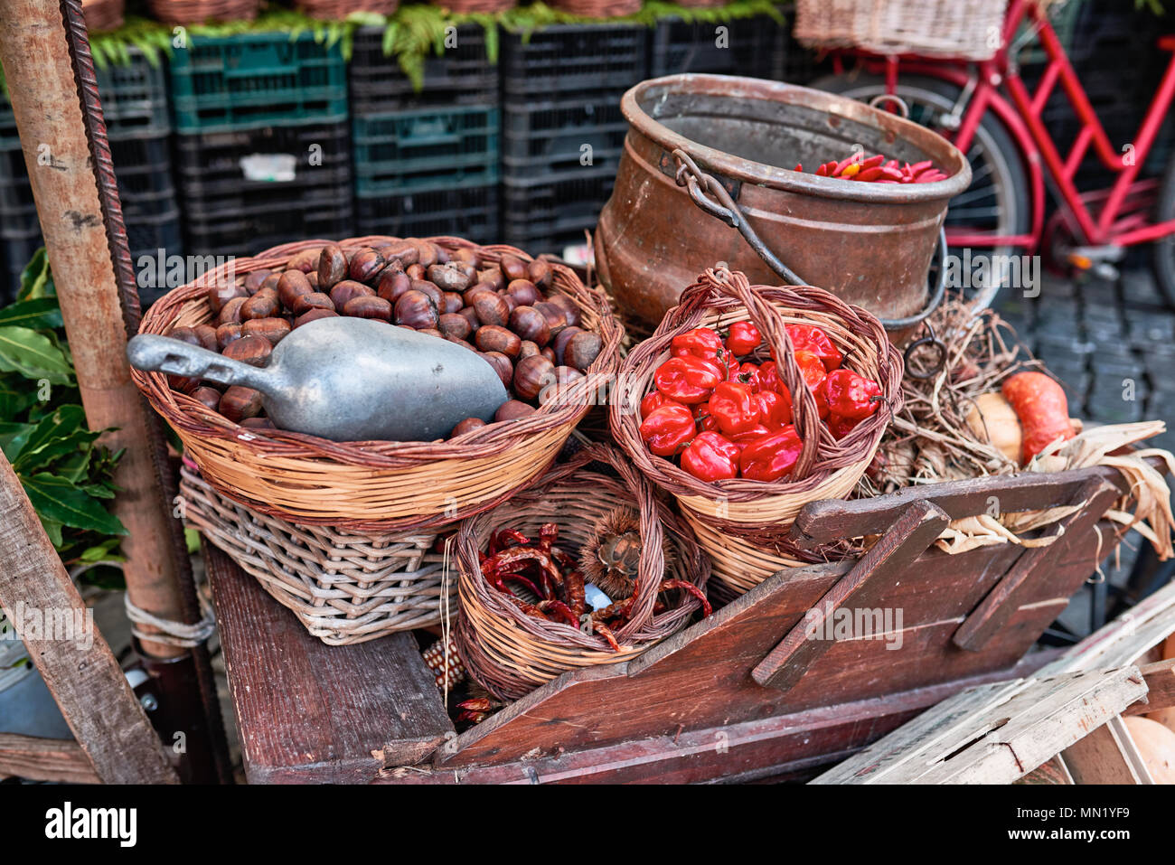 Roma, mercato di dettaglio in Campo de Fiori (campi di fiori), castagne, peperoncini nel cesto di vimini Foto Stock