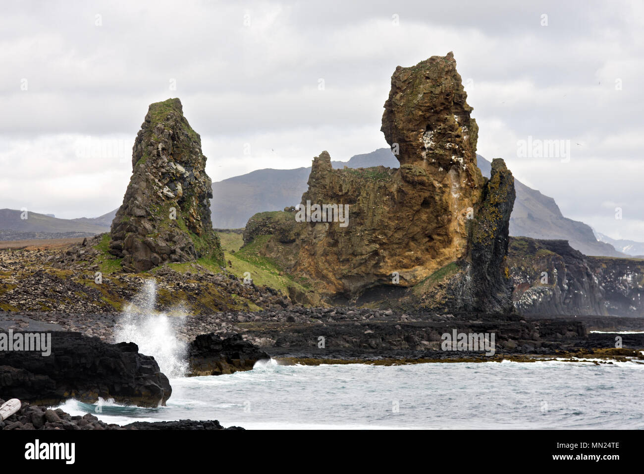 Queste rocce di origine vulcanica si trova sul lato sud della penisola di Snaefellsnes in Islanda e sono fino a 70m di altezza. Foto Stock