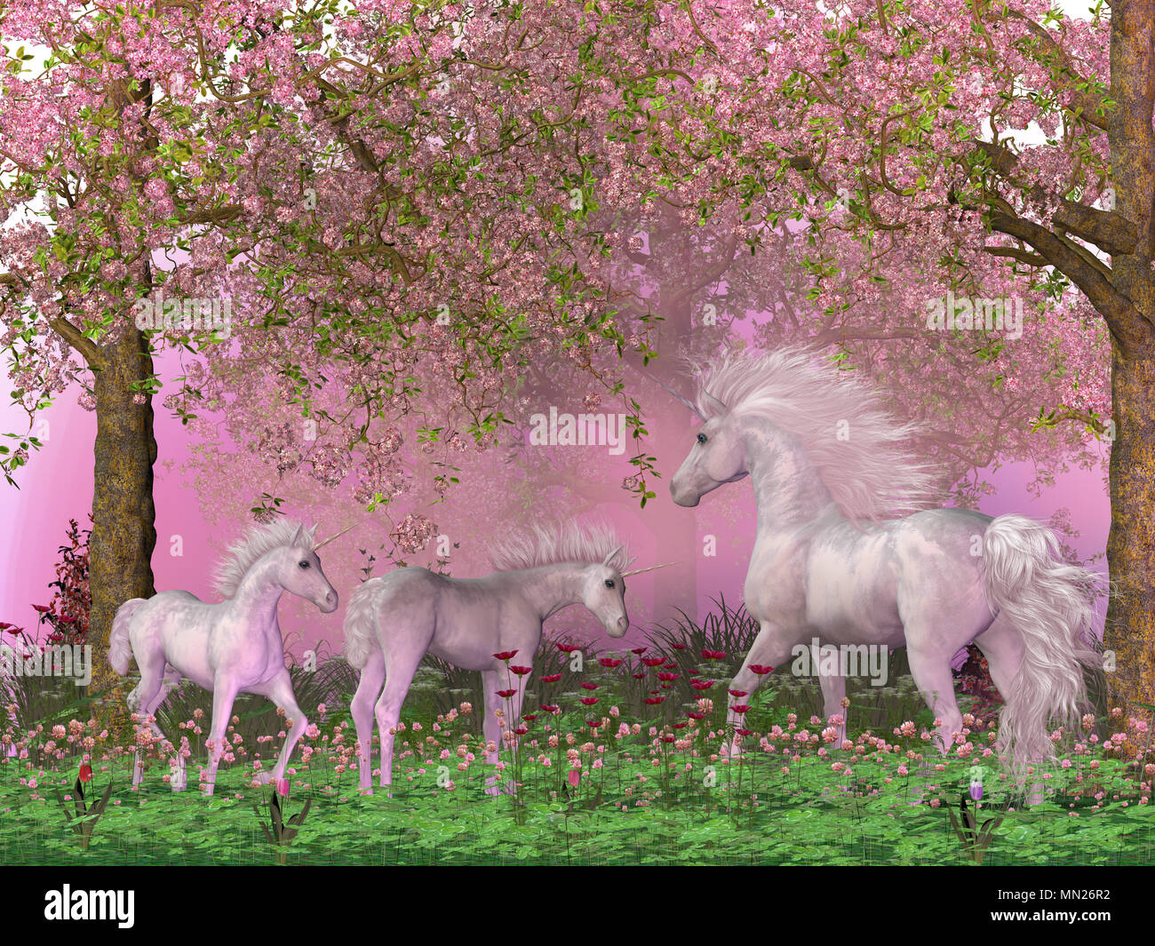 La molla Unicorns - Una madre white unicorn frolics con i suoi due puledri sotto la molla ciliegi in piena fioritura. Foto Stock