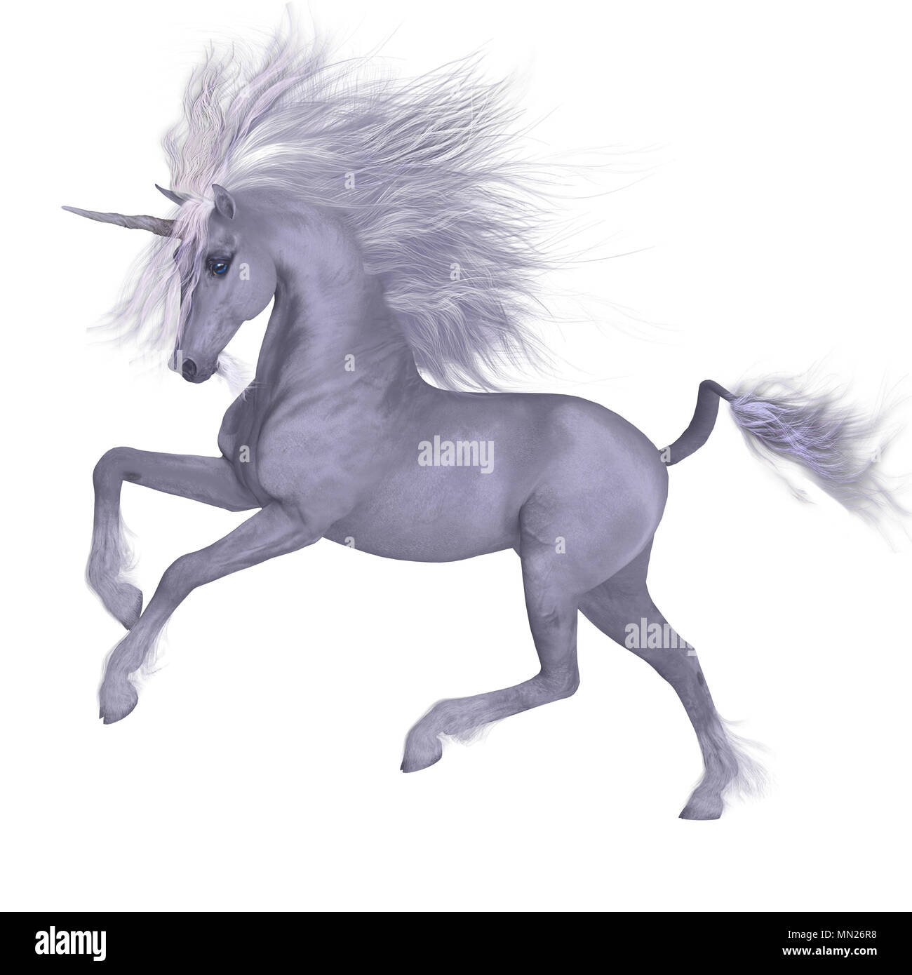 White Unicorn rampante - un unicorno è una mitica creatura che ha un mantello bianco, selvaggi zoccoli, barba di capra e di fronte il clacson. Foto Stock