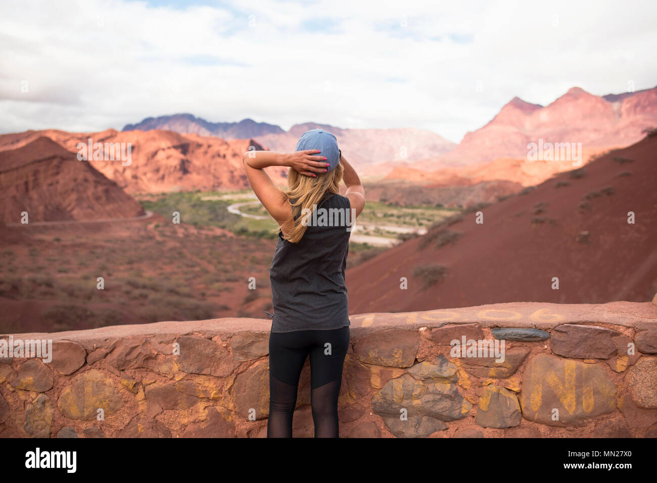 Vista posteriore di una donna sportiva che si affaccia su "La Valle del Rio las Conchas' e 'Valles Calchaquies'. Provincia di Salta, Cafayate, Argentina. Maggio 2018 Foto Stock