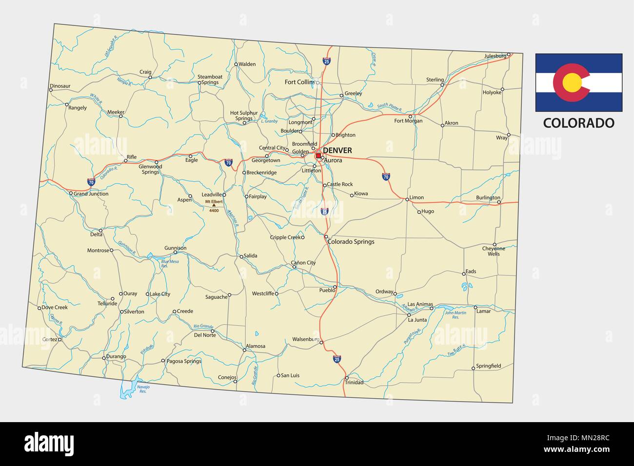 Colorado road mappa vettoriale con bandiera Illustrazione Vettoriale