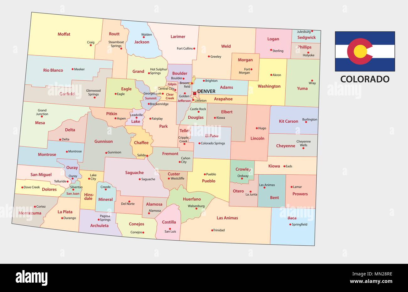 Colorado politica e amministrativa di mappa vettoriale Illustrazione Vettoriale