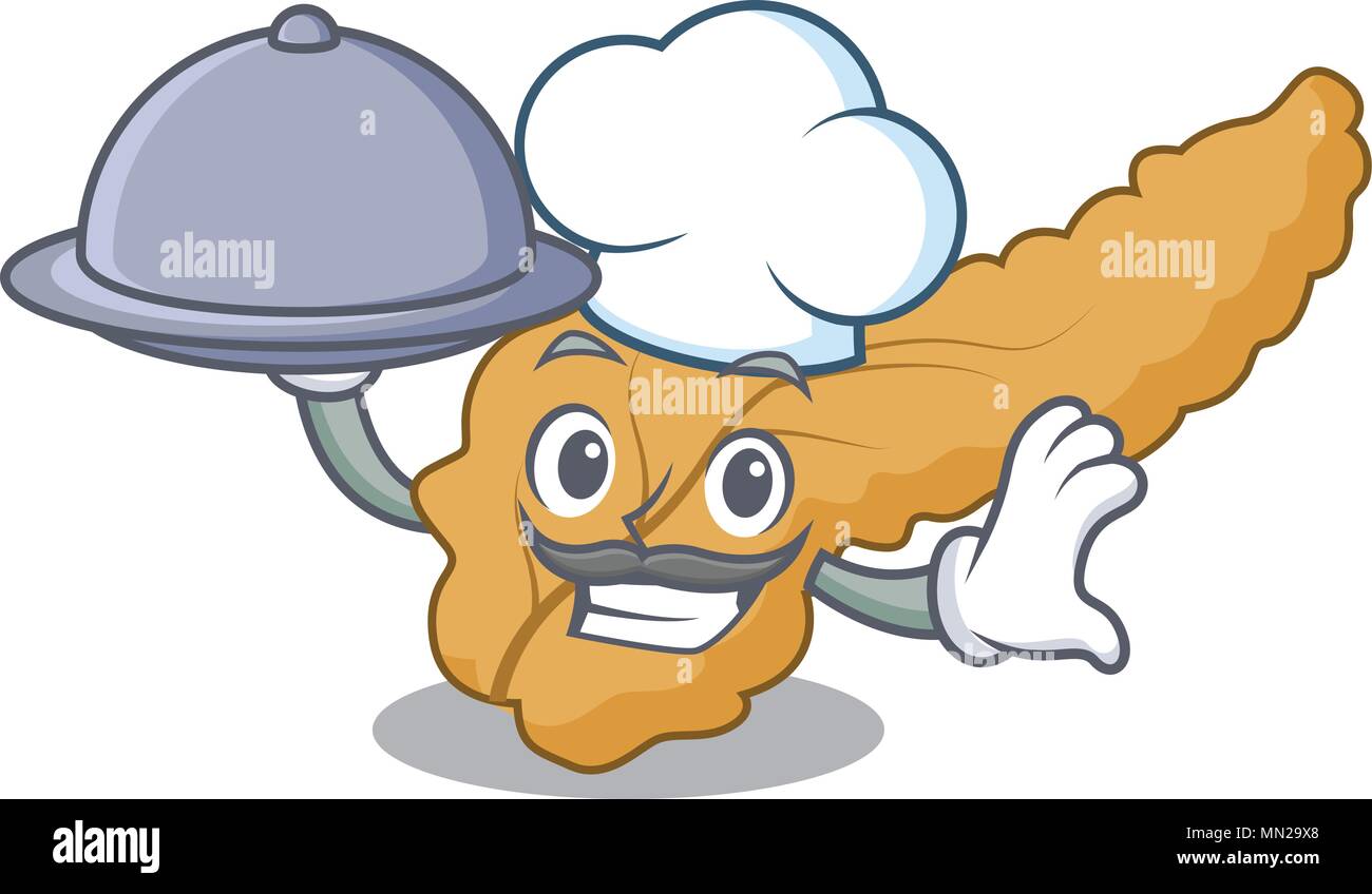 Lo Chef con il cibo del pancreas mascotte stile cartone animato Illustrazione Vettoriale