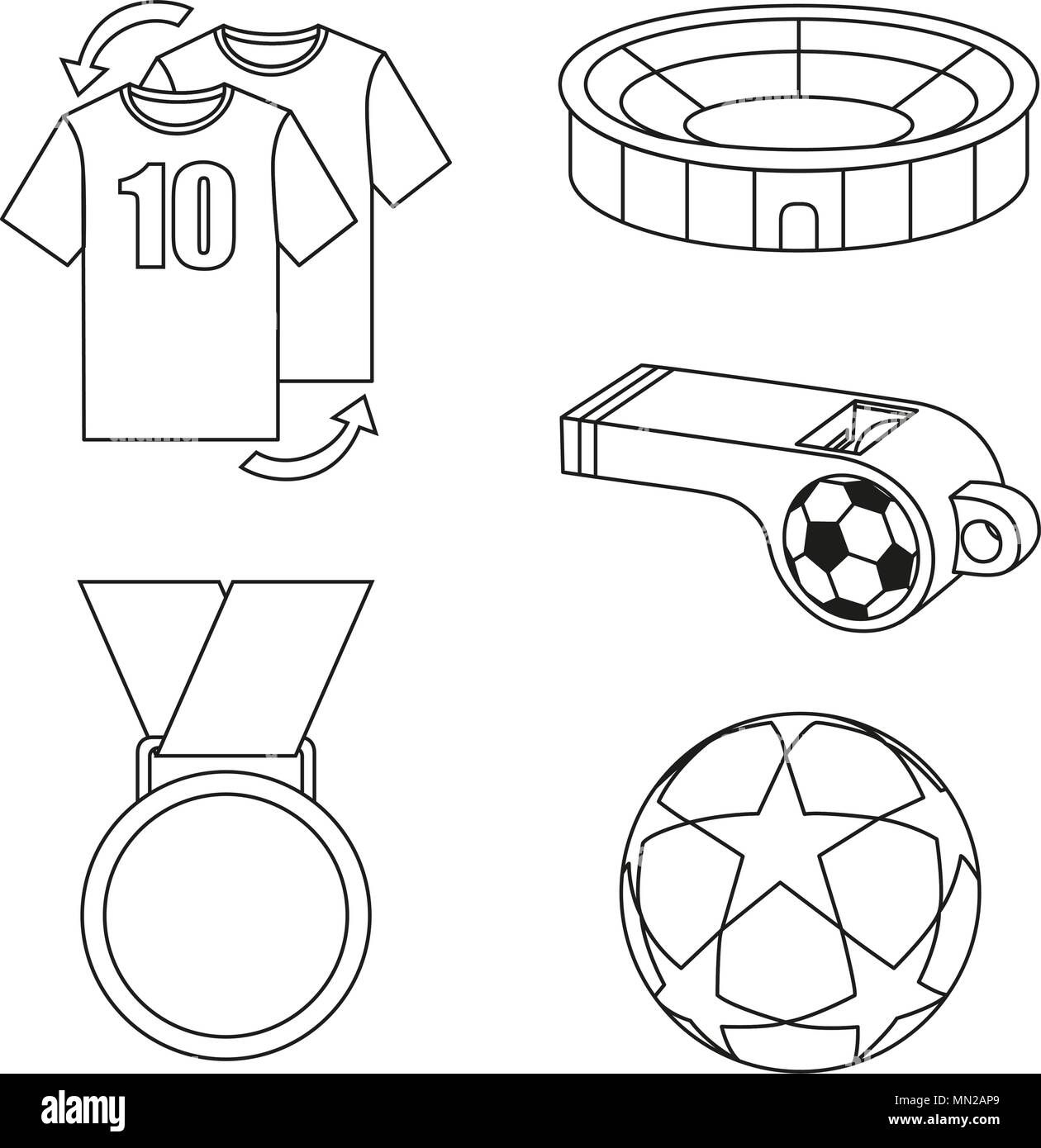 Bianco e nero piatto elementi calcio impostato Illustrazione Vettoriale
