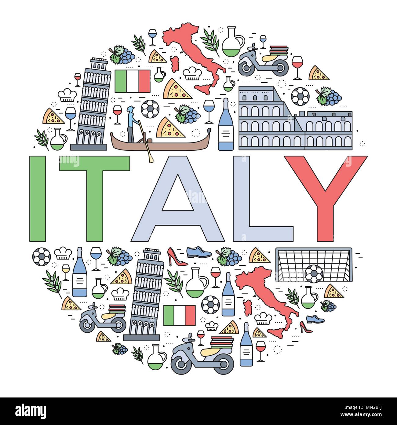 Paese Italia travel vacation guide delle merci, i luoghi e le funzioni. Set di architettura, la moda, le persone, gli elementi della natura il concetto di sfondo. Illustrazione Vettoriale