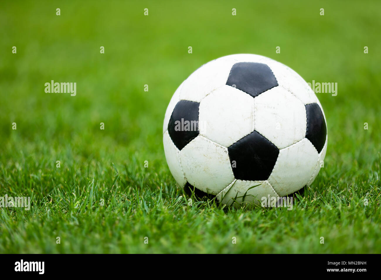 Classic Soccer Football palla sul campo da calcio. Green campo da calcio in  erba. Tappeto erboso di calcio in background Foto stock - Alamy