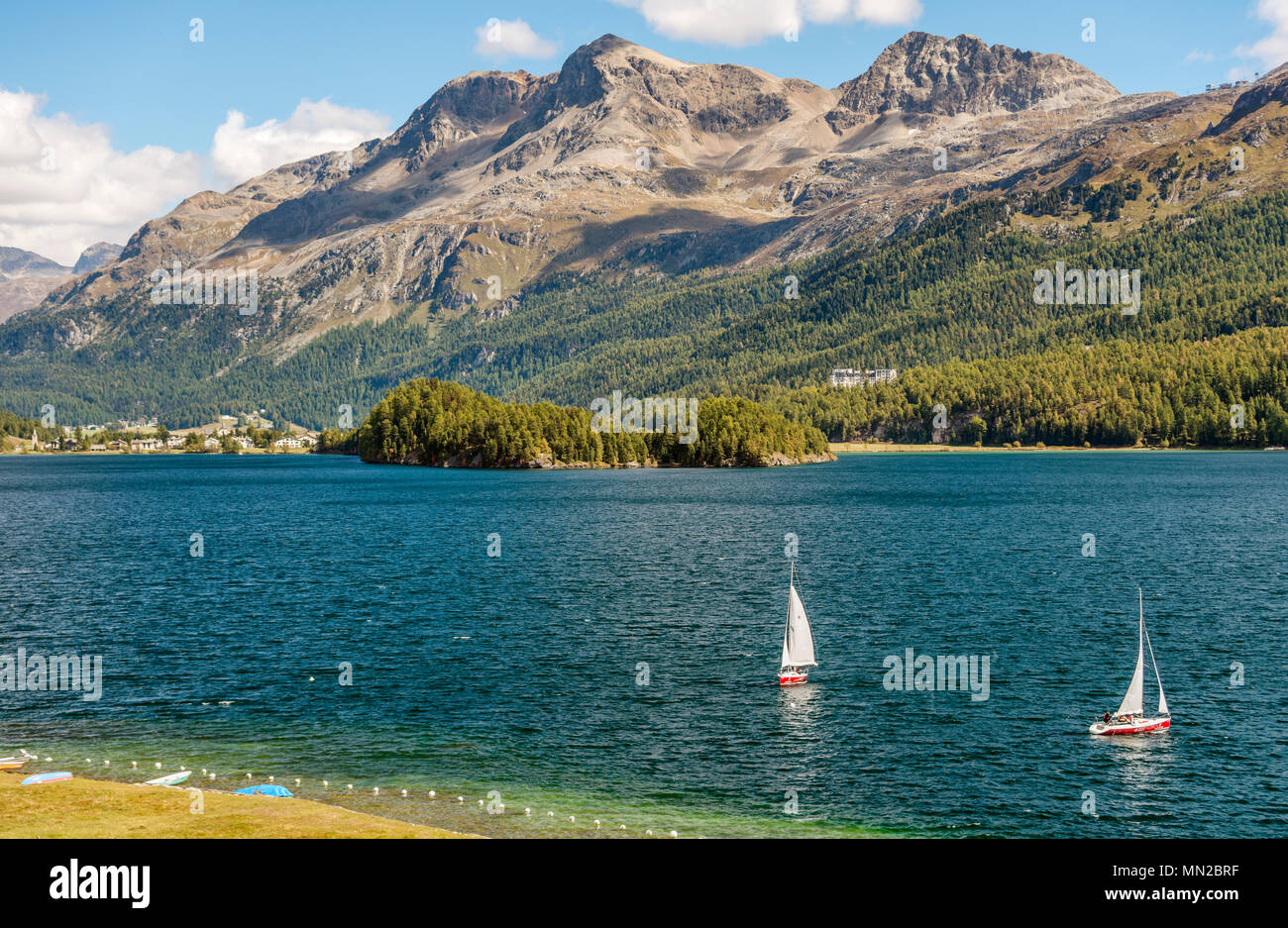 Paesaggio estivo, il lago di Sils, alta Engadina, Svizzera Foto Stock