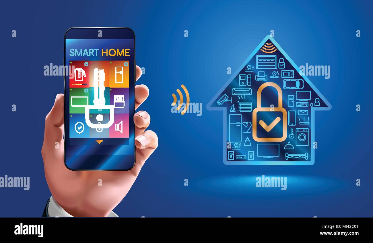 Uomo che utilizza smart phone controlla smart home dispositivi attraverso una connessione wireless. Fissare smart home. controllo di smart home systems è disponibile solo fr Illustrazione Vettoriale