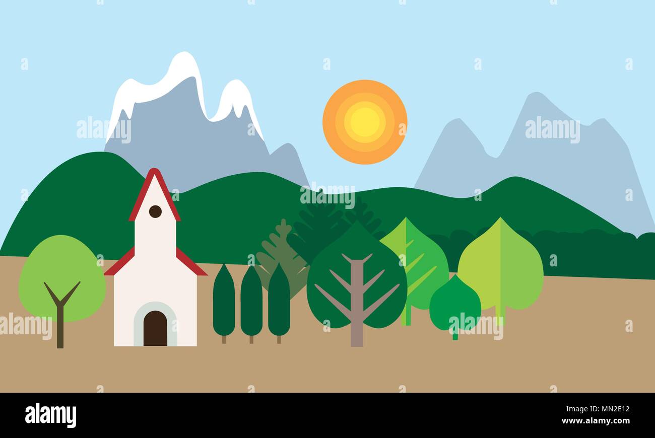 La chiesa con il tetto rosso tra alberi, paesaggio di montagna sotto il cielo blu con sun - vettore, design piatto Illustrazione Vettoriale