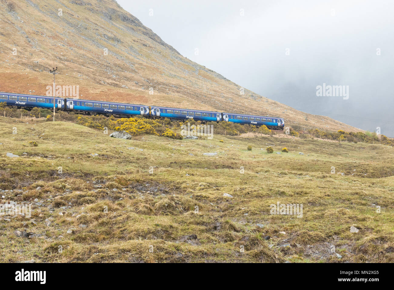 Treno ScotRail vicino a Bridge of Orchy nelle Highlands scozzesi, REGNO UNITO Foto Stock