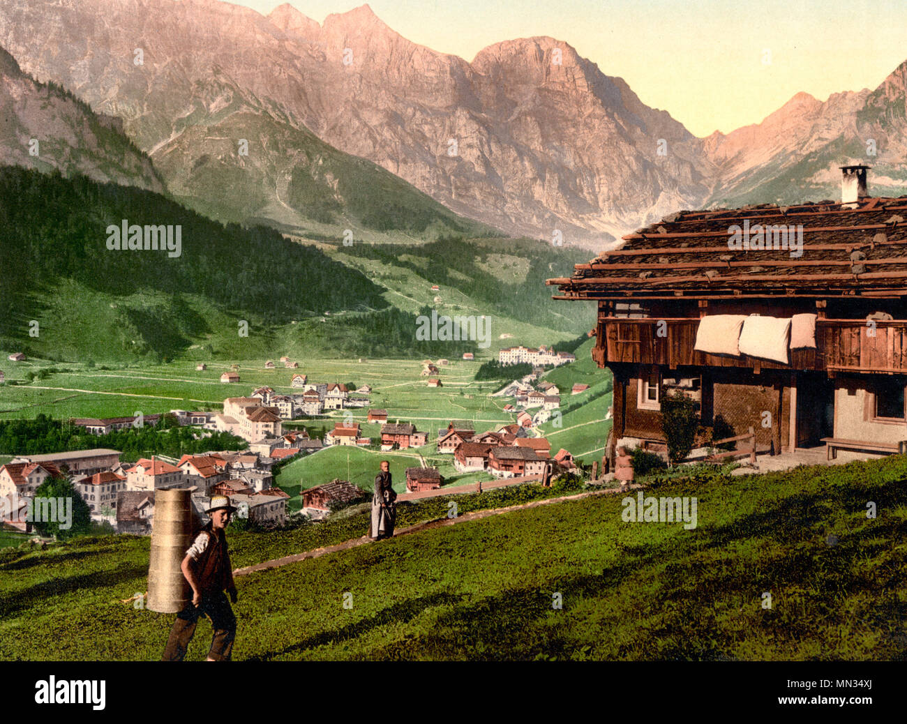 Valle di Engelberg e contadina House, Oberland bernese, Svizzera, circa 1900 Foto Stock