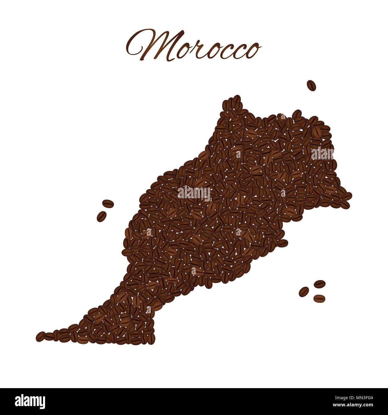 Mappa di Marocco creato da chicchi di caffè isolato su uno sfondo bianco. Illustrazione Vettoriale