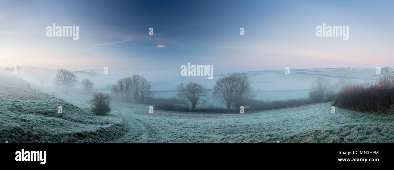 Un freddo gelido e nebbioso alba sulla collina Vartenham, Milborne Port, Somerset, Inghilterra, Regno Unito Foto Stock