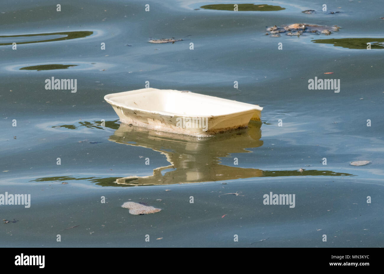 Vassoio di plastica galleggianti in un fiume Foto Stock