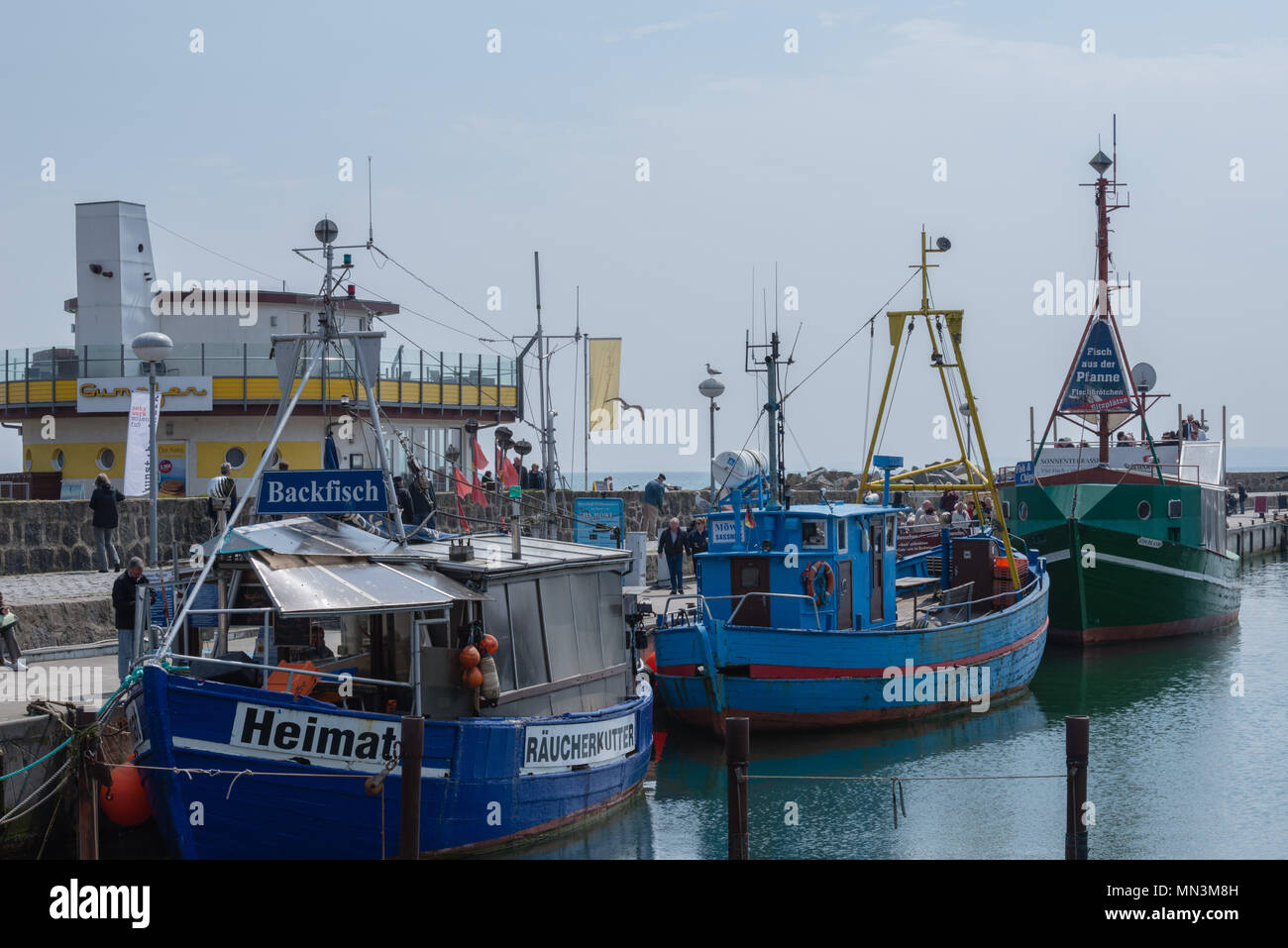 Freshand pesce affumicato essendo venduto dalla taglierina "Heimat', Sassnitz, Rügen isola, Mar Baltico, Meclemburgo-Pomerania Occidentale, Germania Foto Stock