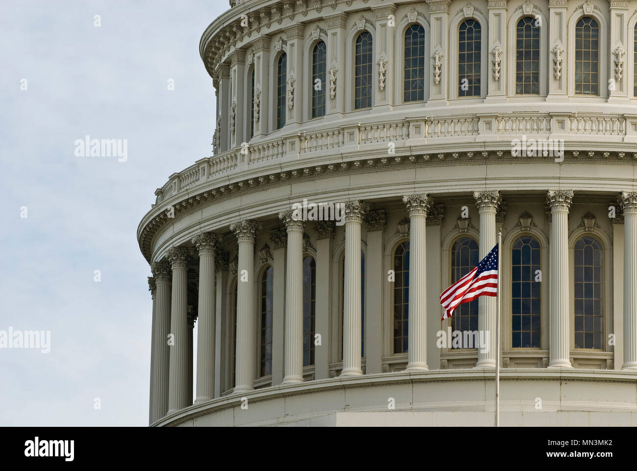 Close up Guarda i dettagli architettonici del Campidoglio degli Stati Uniti edifici cupola in Washington DC. Foto Stock