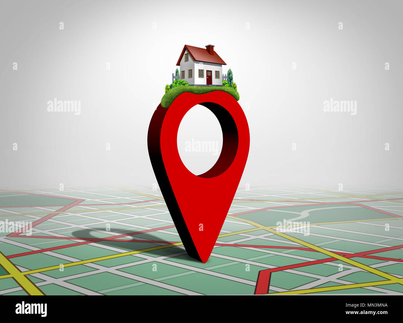 Trovare una casa e trovare il concetto di proprietà come un perno con una casa di famiglia come un patrimonio immobiliare di acquisto o di localizzazione di un residence symbol come 3D'illustrazione. Foto Stock